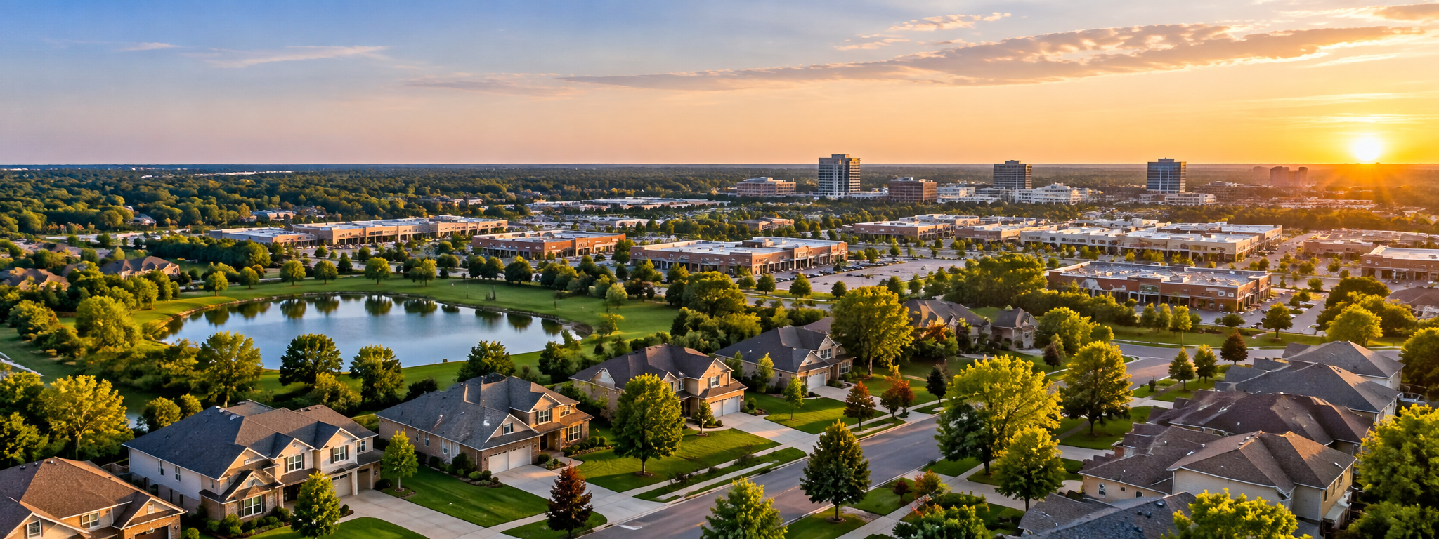 Aerial view of a residential community at sunset